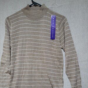 Vintage August Silk coffee silk long sleeve white stripped turtleneck.